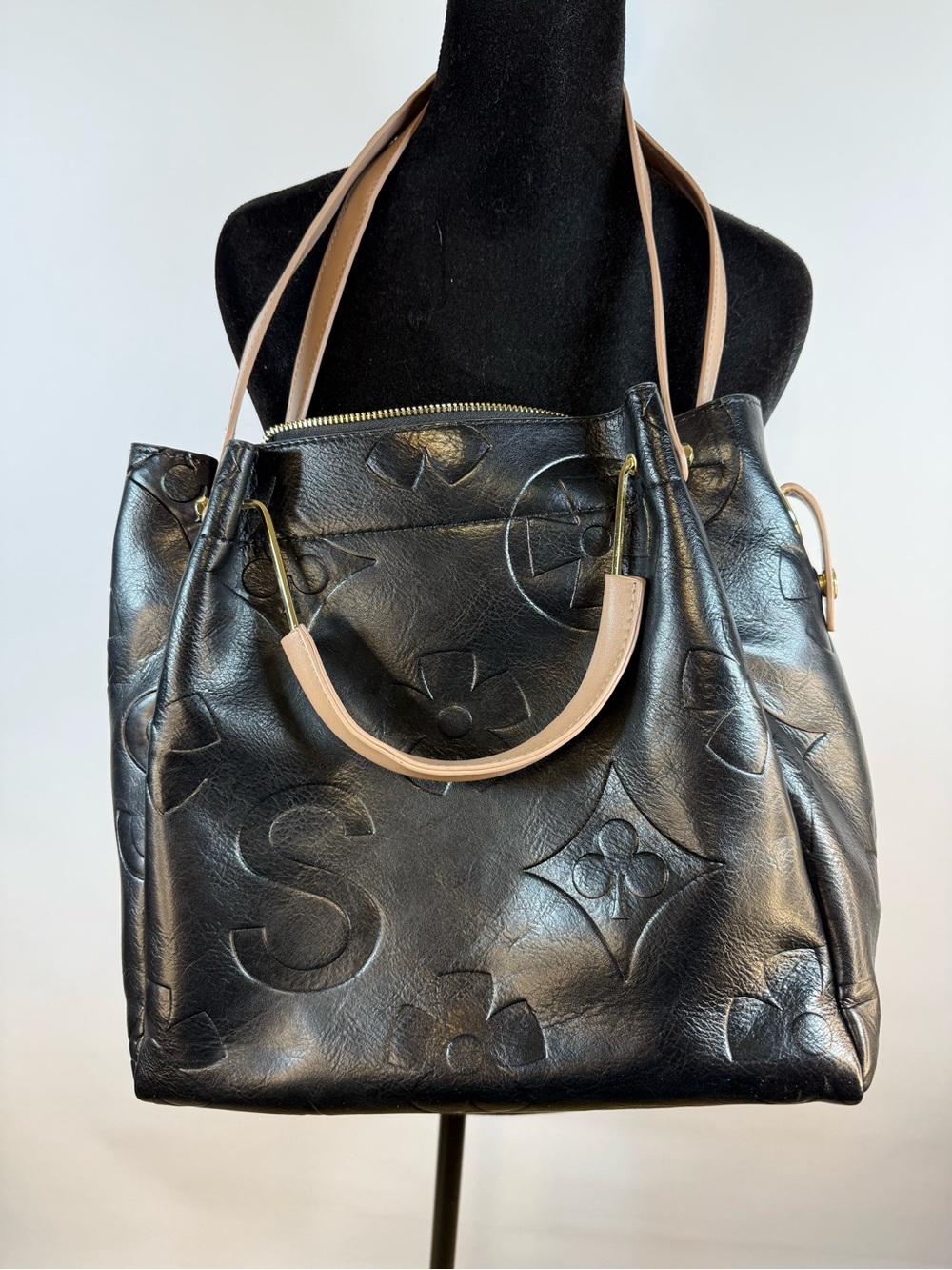 Black Monogram Embossed Faux Leather Tote Shoulder Bag Large Everyday Chic Purse - Picture 4 of 8